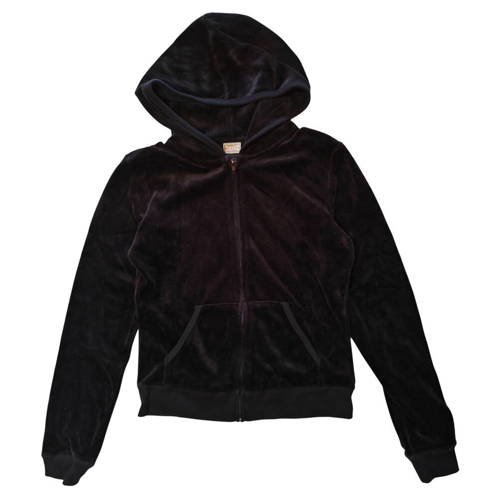Vintage Arizona Velour Zip Hoodie Y2K Black Velvet Jacket Medium Soft